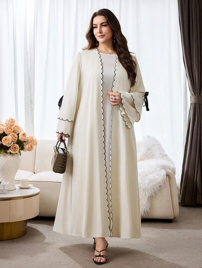 Al Najma Abaya de oración blanca para mujer talla grande, con bajo curvo, mangas acampanadas y decoración de lazo, estilo modesto para otoño, culto, bautizo, invitada y confirmación