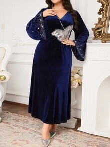 Al Najma Plus Size Women's Elegant Rhinestone Butterfly Patch Arabic Style Dress, Autumn - Navy Blue - View 7
