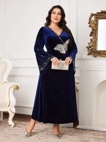 Al Najma Plus Size Women's Elegant Rhinestone Butterfly Patch Arabic Style Dress, Autumn - Navy Blue - View 4