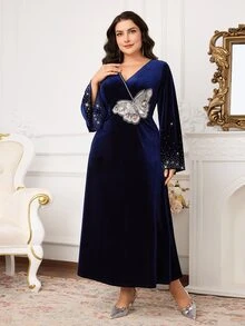 Al Najma Plus Size Women's Elegant Rhinestone Butterfly Patch Arabic Style Dress, Autumn - Navy Blue - View 1
