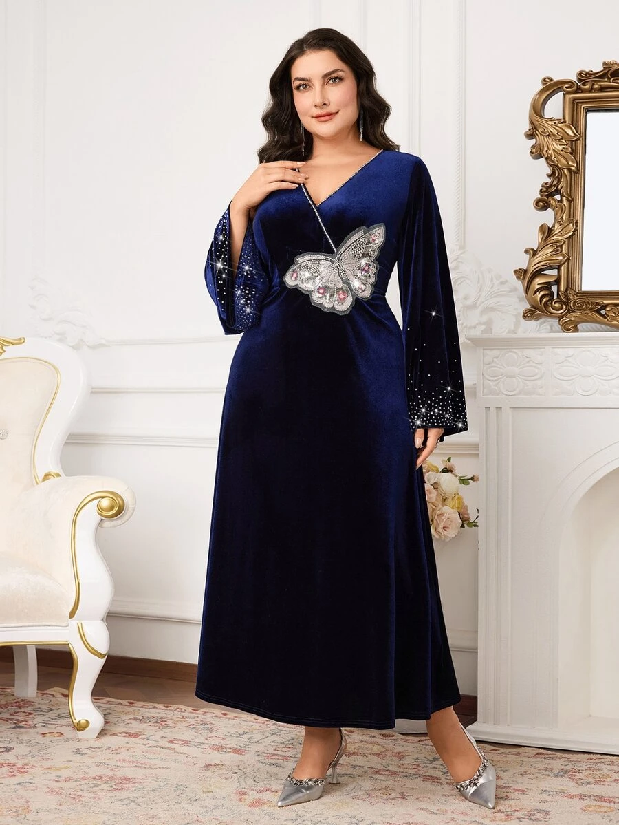 Al Najma Plus Size Women's Elegant Rhinestone Butterfly Patch Arabic Style Dress, Autumn - Navy Blue - View 1