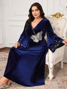 Al Najma Plus Size Women's Elegant Rhinestone Butterfly Patch Arabic Style Dress, Autumn - Navy Blue - View 6