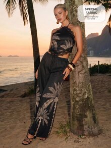 CAJUNI Women's Lace Patchwork Halter Tie Tank Top And Drawstring Waist Long Pants Set - Black - View 8