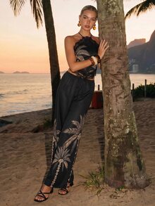 CAJUNI Women's Lace Patchwork Halter Tie Tank Top And Drawstring Waist Long Pants Set - Black - View 4