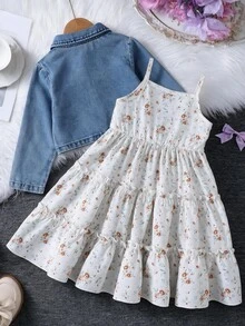 SHEIN 2件組女嬰牛仔夾克吊帶洋裝套裝，可愛甜美藍白花卉印花，層次荷葉邊，長袖與無袖設計，翻領，生日春季假期穿搭 - 藍色 - 查看 2