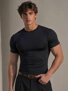 Resyla Men Men's Casual All-Match Versatile Solid Color Short Sleeve T-Shirt Gym Workout Black Summer - Black - View 1