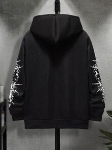 Resyla Men 男士长袖印花极简连帽卫衣，休闲日常穿搭，Emo风格，2000年代风格，秋冬款 - 黑色 - 查看 2