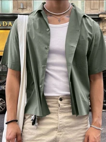 Resyla Men Men's Simple Casual Streetwear Shirt, Fashionable Everyday Wear Vacation Work Olive Green Summer - Green - View 7