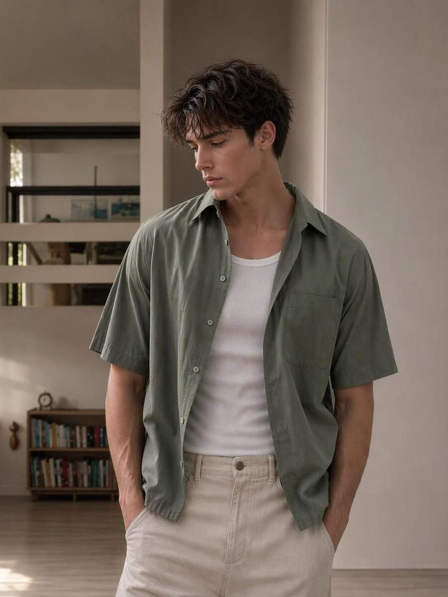 Resyla Men Men's Simple Casual Streetwear Shirt, Fashionable Everyday Wear Vacation Work Olive Green Summer - Green - View 1