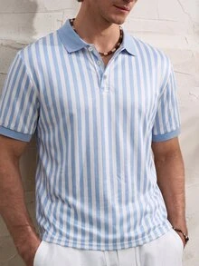 Resyla Men 男士藍白直條紋 Polo 衫，夏季短袖領口休閒上衣，薄款時尚 T 恤，度假禮物、生日禮物，春夏穿著 - 彩色 - 查看 5