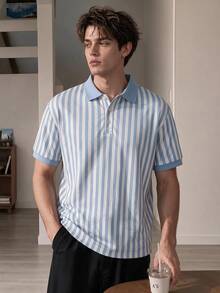 Resyla Men 男士藍白直條紋 Polo 衫，夏季短袖領口休閒上衣，薄款時尚 T 恤，度假禮物、生日禮物，春夏穿著 - 彩色 - 查看 1
