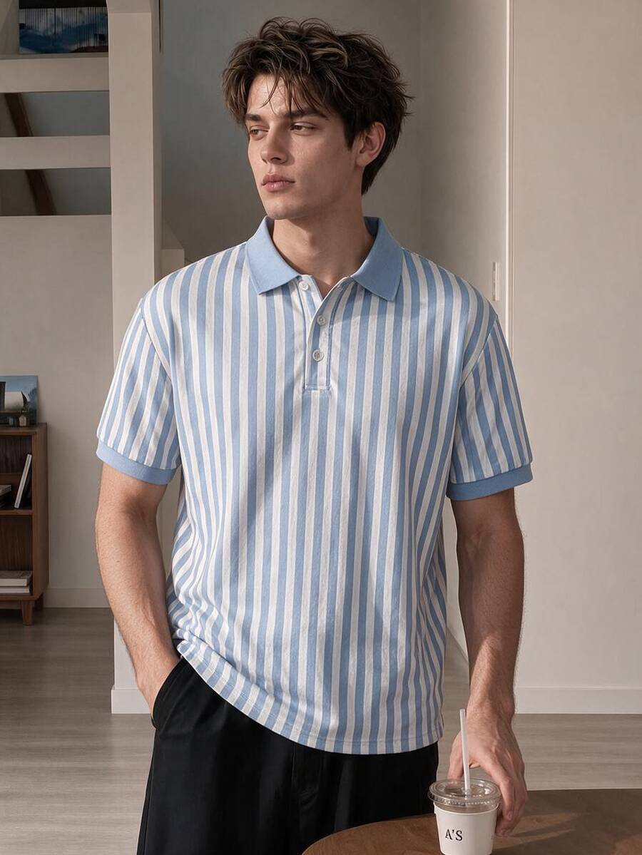 Resyla Men 男士藍白直條紋 Polo 衫，夏季短袖領口休閒上衣，薄款時尚 T 恤，度假禮物、生日禮物，春夏穿著 - 彩色 - 查看 1