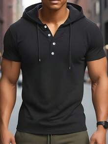 Resyla Men Men's Black Hooded Short Sleeve Polo Shirt, Button Placket Drawstring Hoodie Tee, Casual Sporty Minimalist Summer Top - Black - View 6