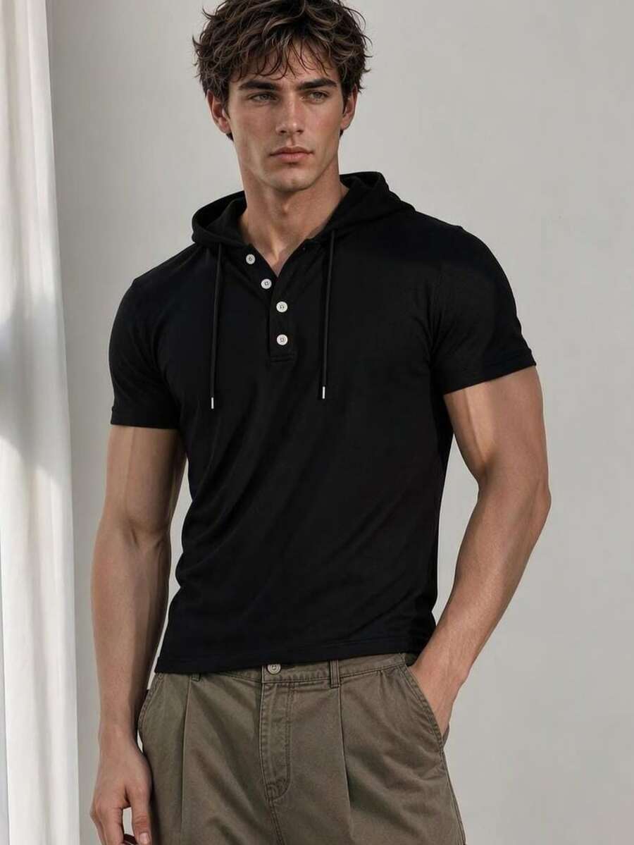 Resyla Men Men's Black Hooded Short Sleeve Polo Shirt, Button Placket Drawstring Hoodie Tee, Casual Sporty Minimalist Summer Top - Black - View 1