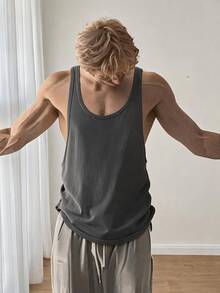 Resyla Men Men's Solid Color Round Neck Casual Active Loose Fitted Tank Top Gym Dark Grey Summer - Grey - View 1