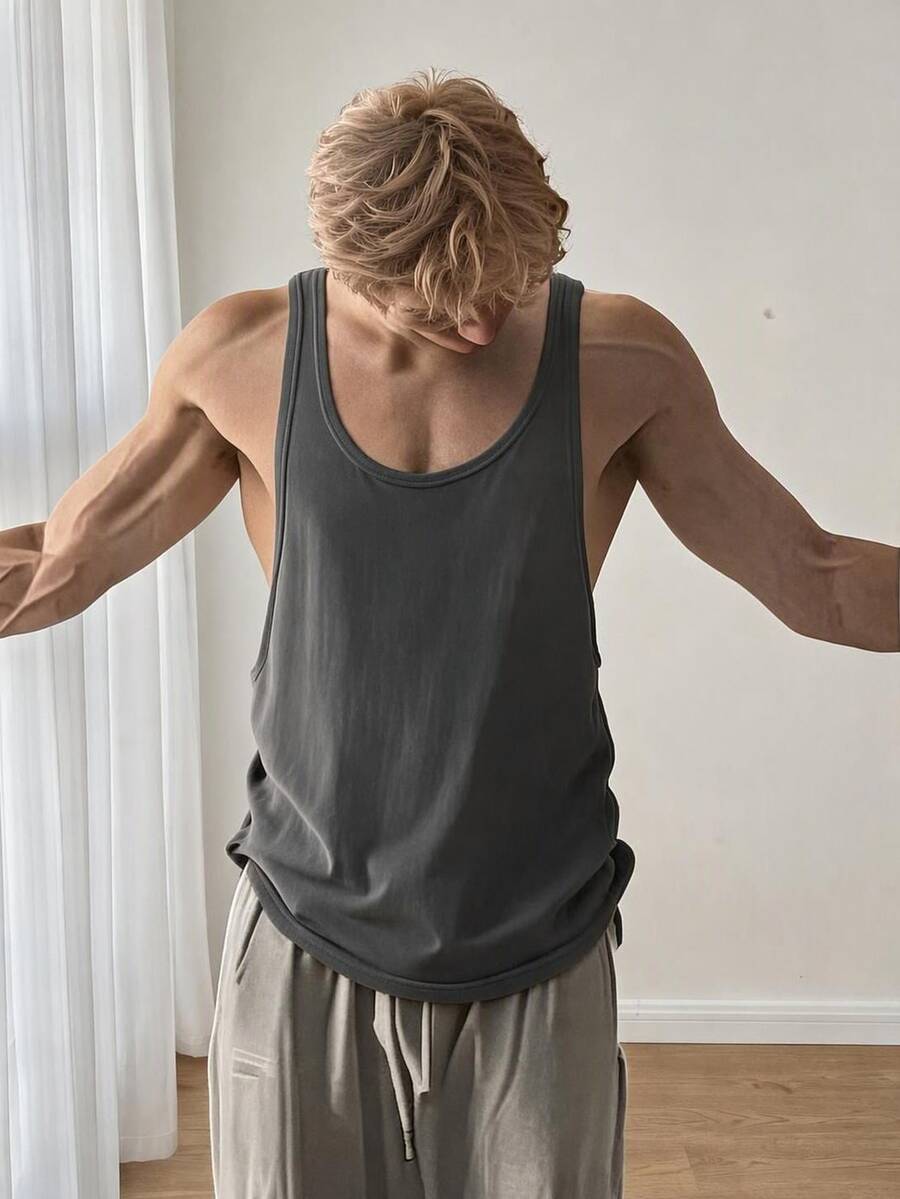 Resyla Men Men's Solid Color Round Neck Casual Active Loose Fitted Tank Top Gym Dark Grey Summer - Grey - View 1