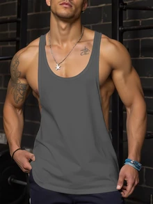 Resyla Men Men's Solid Color Round Neck Casual Active Loose Fitted Tank Top Gym Dark Grey Summer - Grey - View 6