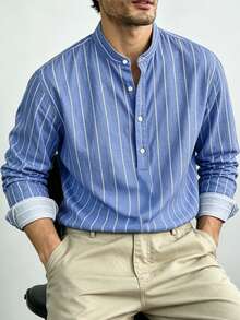 Resyla Men Men's Casual Commute Stand Collar Striped Shirt - Blue and White - View 5