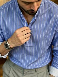 Resyla Men Men's Casual Commute Stand Collar Striped Shirt - Blue and White - View 4