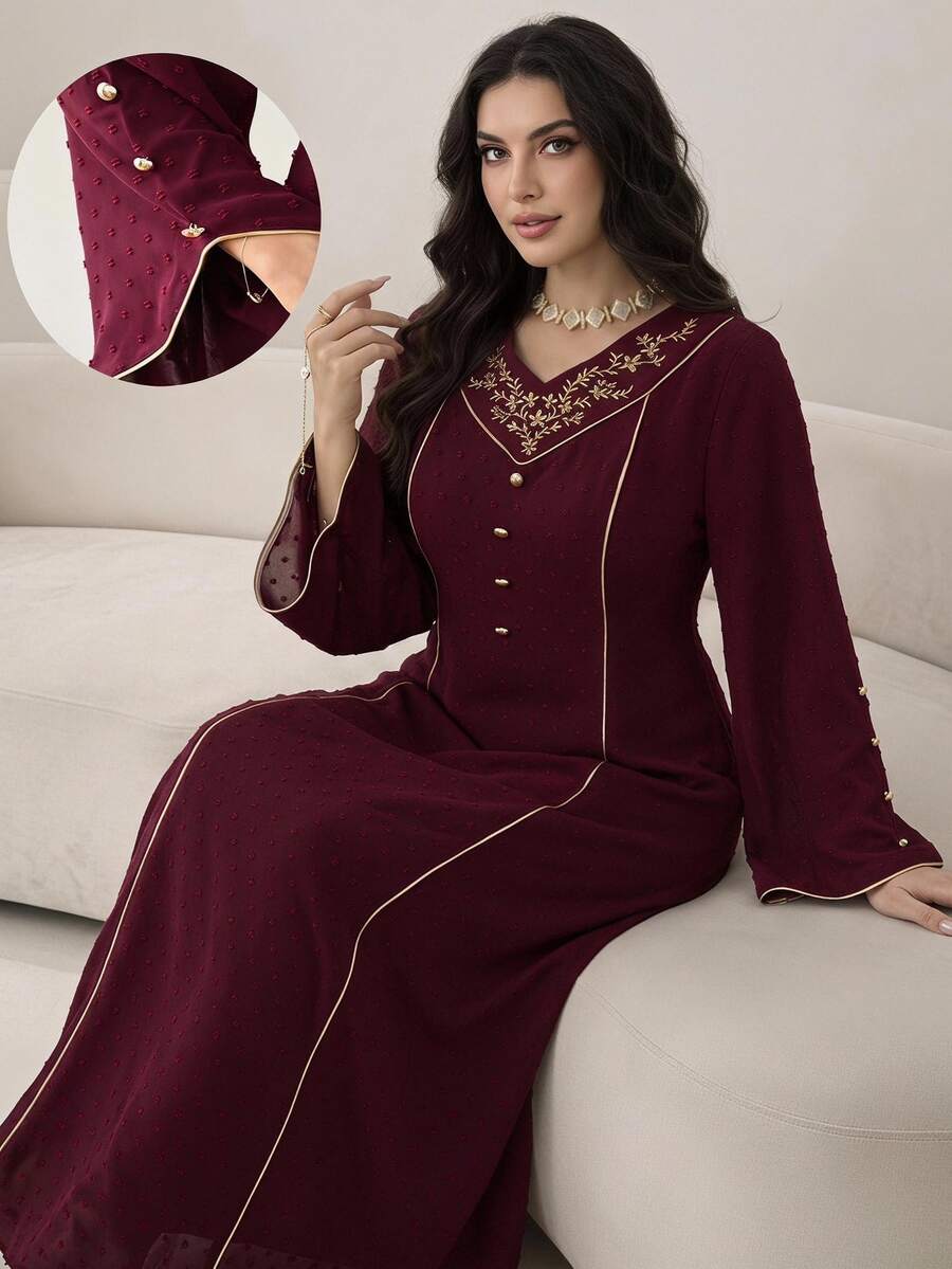 Al Najma 大尺碼女款精緻刺繡鈕扣阿拉伯風洋裝 - 酒紅色 - 查看 1