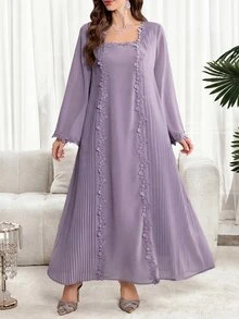 Al Najma Plus Size Women's Modest Solid Color Floral Embroidery Square Neck Arabic Style Dress, Fall Wedding Christening Guest Thailand Holiday Nikah Navy Blue - Purple - View 4