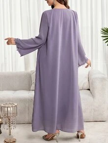 Al Najma Plus Size Women's Modest Solid Color Floral Embroidery Square Neck Arabic Style Dress, Fall Wedding Christening Guest Thailand Holiday Nikah Navy Blue - Purple - View 2