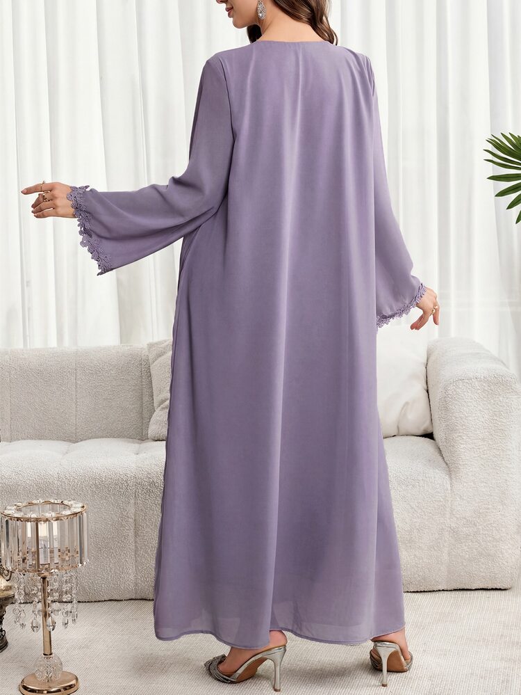 Al Najma Plus Size Women's Modest Solid Color Floral Embroidery Square Neck Arabic Style Dress, Fall Wedding Christening Guest Thailand Holiday Nikah Navy Blue - Purple - View 2