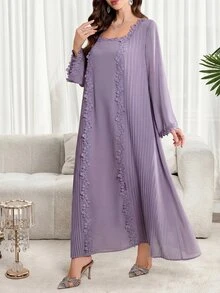 Al Najma Plus Size Women's Modest Solid Color Floral Embroidery Square Neck Arabic Style Dress, Fall Wedding Christening Guest Thailand Holiday Nikah Navy Blue - Purple - View 3