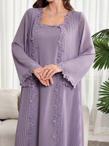 Al Najma Plus Size Women's Modest Solid Color Floral Embroidery Square Neck Arabic Style Dress, Fall Wedding Christening Guest Thailand Holiday Nikah Navy Blue - Purple - View 5