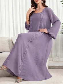 Al Najma Plus Size Women's Modest Solid Color Floral Embroidery Square Neck Arabic Style Dress, Fall Wedding Christening Guest Thailand Holiday Nikah Navy Blue - Purple - View 6