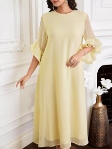 Al Najma Plus Size Women's Solid Color Round Neck Ruffle Sleeve Loose Arabic Style Dress Christening Guest Wedding Dubai Holiday Summer Modest Hawaiian Party - Yellow - View 5