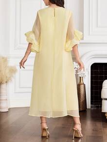 Al Najma Plus Size Women's Solid Color Round Neck Ruffle Sleeve Loose Arabic Style Dress Christening Guest Wedding Dubai Holiday Summer Modest Hawaiian Party - Yellow - View 6