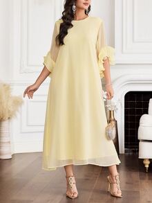 Al Najma Plus Size Women's Solid Color Round Neck Ruffle Sleeve Loose Arabic Style Dress Christening Guest Wedding Dubai Holiday Summer Modest Hawaiian Party - Yellow - View 2