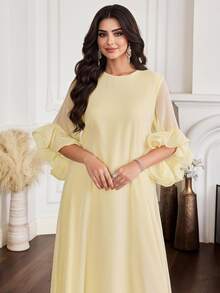Al Najma Plus Size Women's Solid Color Round Neck Ruffle Sleeve Loose Arabic Style Dress Christening Guest Wedding Dubai Holiday Summer Modest Hawaiian Party - Yellow - View 1