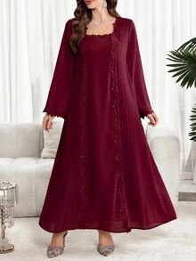 Al Najma 大码女士蕾丝优雅阿拉伯风格连衣裙 - 酒紅色 - 查看 4