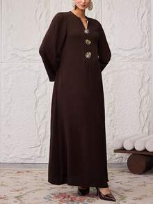 Al Najma 大尺碼女款金屬太陽裝飾V領寬鬆端莊夏威夷阿拉伯風洋裝，棕色秋季泰國度假洗禮賓客堅信禮教母裝 - 咖啡棕 - 查看 4