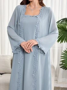 Al Najma 大尺碼女款刺繡方領夏威夷風非洲風長袖保守連身裙，杜拜度假派對晚宴洗禮賓客穿搭，灰色秋季海軍藍 - 藍色 - 查看 3