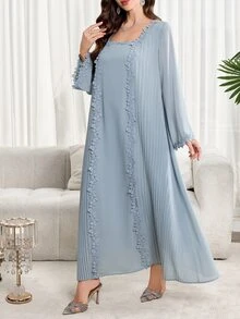 Al Najma 大尺碼女款刺繡方領夏威夷風非洲風長袖保守連身裙，杜拜度假派對晚宴洗禮賓客穿搭，灰色秋季海軍藍 - 藍色 - 查看 4