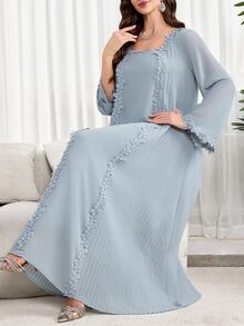 Al Najma 大尺碼女款刺繡方領夏威夷風非洲風長袖保守連身裙，杜拜度假派對晚宴洗禮賓客穿搭，灰色秋季海軍藍 - 藍色 - 查看 6