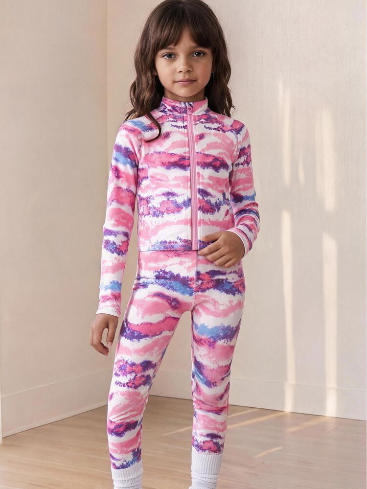SHEIN Young Girls Pink Tie Dye Print Jacket And Pants Set, Designed For Young Girl, Made Of Soft Elastic Fabric, Comfortable For All-Day Wear. Suitable For Play, Outdoor Activities And Daily Casual, A Fashionable And Practical Outfit For Young Girl All Seasons. - Hot Pink - View 6