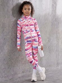 SHEIN 女童粉色紮染印花外套與長褲套裝，專為女童設計，採用柔軟彈性面料，舒適適合全天穿著，適用於玩耍、戶外活動與日常休閒，時尚實用的四季女童套裝 - 玫紅色 - 查看 3