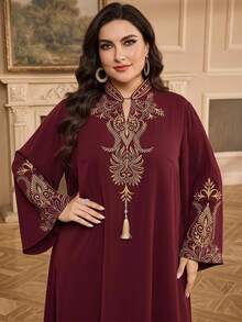 Al Najma Plus Size Women's Elegant Embroidered Arabic Style Dress - Burgundy - View 1