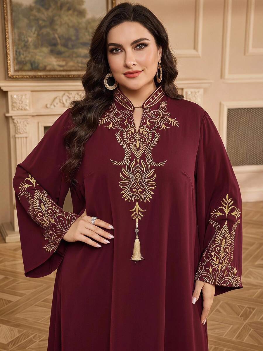 Al Najma Plus Size Women's Elegant Embroidered Arabic Style Dress - Burgundy - View 1