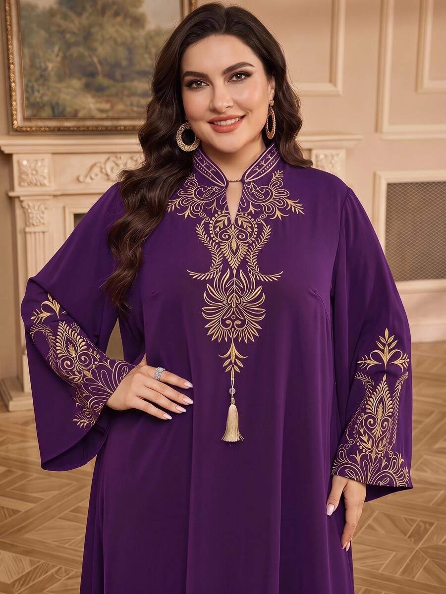 Al Najma 大尺碼女款優雅端莊夏威夷刺繡細節阿拉伯風洋裝，秋季洗禮賓客婚禮泰國度假 Ninang 杜拜紫色 - 紫色 - 查看 1