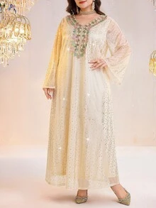 Al Najma Plus Size Women's Metallic Polka Dot V-Neck Long Sleeve Elegant Arabic Style Dress - Gold - View 8