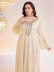 Al Najma Plus Size Women's Metallic Polka Dot V-Neck Long Sleeve Elegant Arabic Style Dress - Gold - View 7
