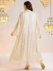 Al Najma Plus Size Women's Metallic Polka Dot V-Neck Long Sleeve Elegant Arabic Style Dress - Gold - View 3