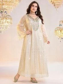 Al Najma Plus Size Women's Metallic Polka Dot V-Neck Long Sleeve Elegant Arabic Style Dress - Gold - View 6