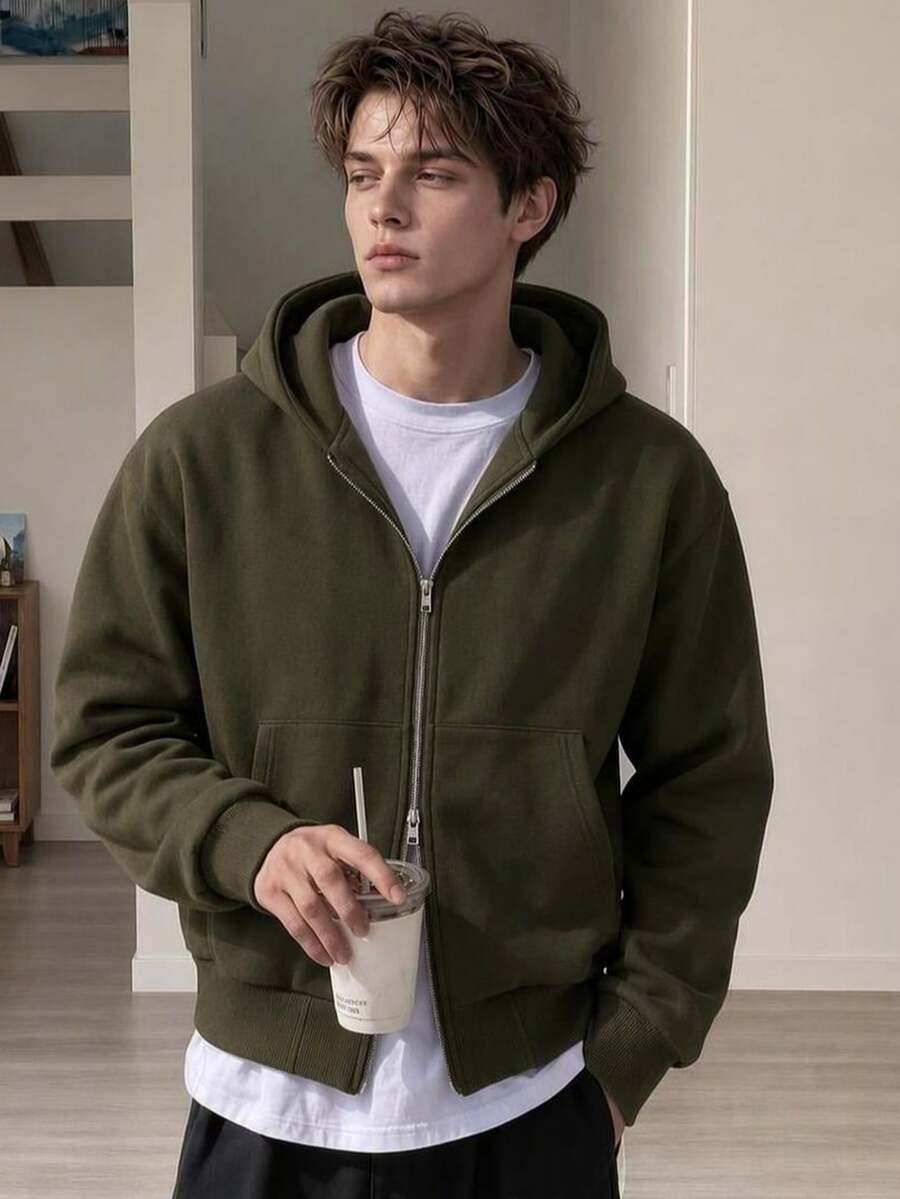 Resyla Men Men's Solid Color Drop Shoulder Long Sleeve Zip-Up Hooded Sweatshirt Holiday Beach Dark Green Autumn Casual Basic - Army Green - View 1