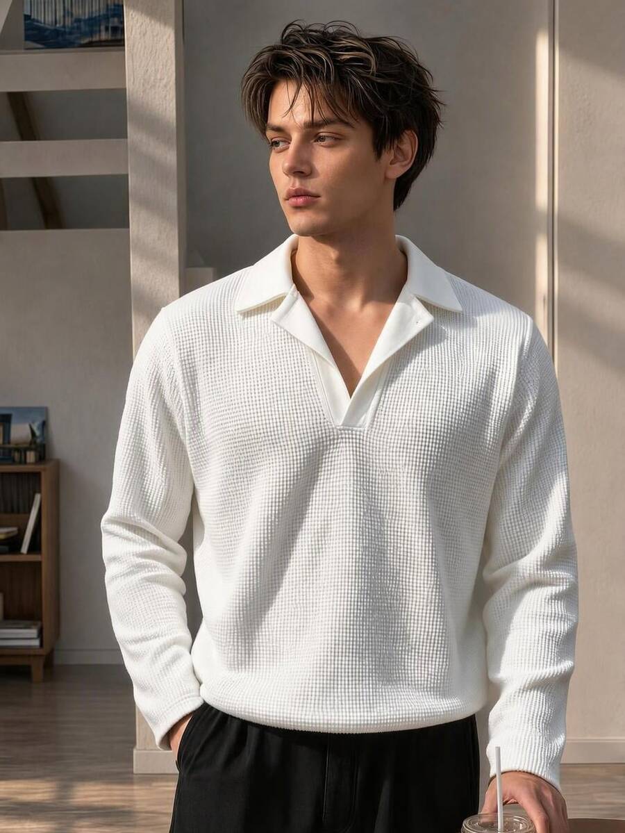 Resyla Men Men's Solid Color Casual Versatile Daily Long Sleeve T-Shirt - White - View 1